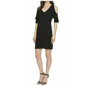Trina Turk black ruffle flutter cold shoulder dress Medium M N6